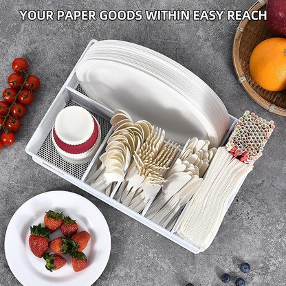 VIKEYHOME Paper Plate Organizer, Metal Silverware Caddy with 6 Compartments for Knives, Spoons, Cups, Forks, Napkins, Utensil Holder for Party, Camping, Picnic, White