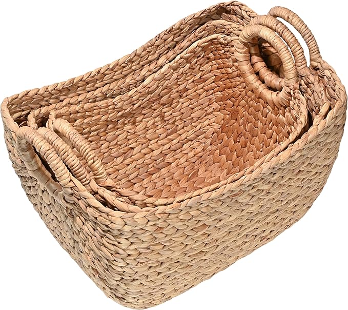happimess BSK2002A-3SET Nellie Farmhouse Classic Handwoven Hyacinth Boat Wicker Storage Baskets with Handles, Natural (Set of 3), Seagrass Containers for Decoration in Living Room, Bedroom