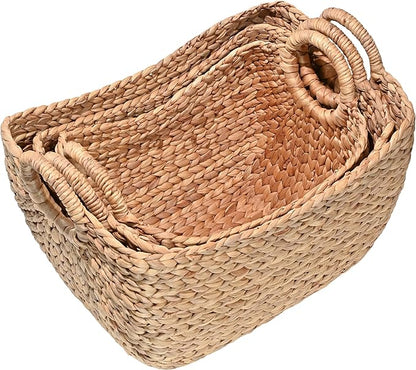 happimess BSK2002A-3SET Nellie Farmhouse Classic Handwoven Hyacinth Boat Wicker Storage Baskets with Handles, Natural (Set of 3), Seagrass Containers for Decoration in Living Room, Bedroom