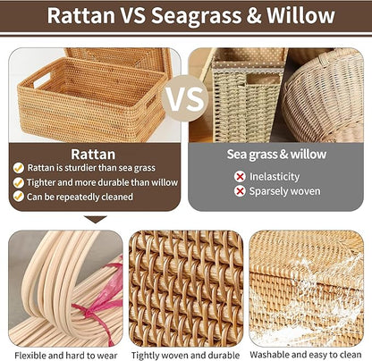 Rattan Basket With Lid, Large Lidded Basket For Storage(18.9" L×15.35"W×11.81"H)