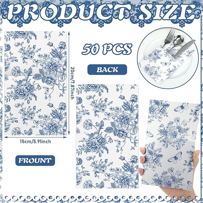 Sliner 50 Pieces White and Blue Floral Silverware Bags Paper Disposable Silverware Sleeves Blue Floral Cutlery Holder Chinoiserie Utensil Pouch Table Decoration for Wedding Cocktail Guest Tea Party