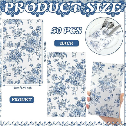 Sliner 50 Pieces White and Blue Floral Silverware Bags Paper Disposable Silverware Sleeves Blue Floral Cutlery Holder Chinoiserie Utensil Pouch Table Decoration for Wedding Cocktail Guest Tea Party