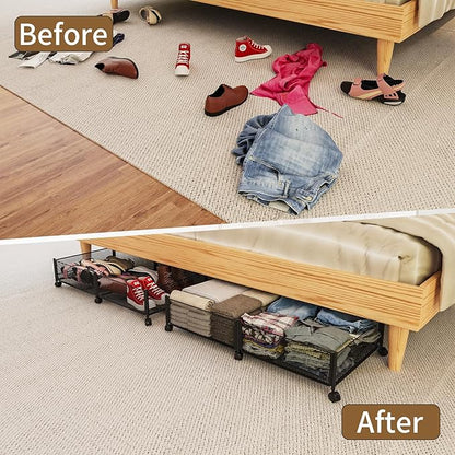 Under Bed Storage on Wheels, Upgraded 31.5 inch Large Rolling Under Bed Storage, Metal Foldable Underbed Drawers Organizer Tool-free Assembly Underbed Shoes Clothes Organize