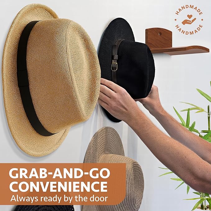 Cowboy Hat Hooks for Wall – Set of 2 Wooden Hat Holder Rack for Fedora, Western, Baseball & Sun Hats – Rustic Red Sandalwood Hooks for Home, Closet, Entryway, Rustic Hat Rack