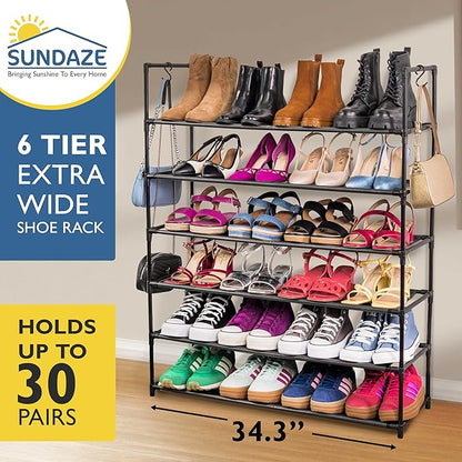 Sundaze Shoe Rack - 6 Tier Shoe Rack for Front Door Entrance, Sturdy Tall Shoe Organizer for Closet, Bedroom, Entryway, Garage, Non Woven Fabric Shelf, Black, Holds Up to 30 Pairs