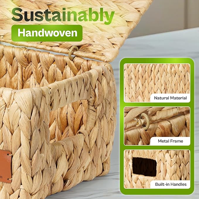 Large Storage Baskets with Lids, Set of 3 Wicker Baskets for Storage, Water Hyacinth Storage Baskets for Shelves, Closet, Blankets, Bedroom & Home Organization