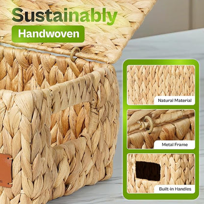 Large Storage Baskets with Lids, Set of 3 Wicker Baskets for Storage, Water Hyacinth Storage Baskets for Shelves, Closet, Blankets, Bedroom & Home Organization