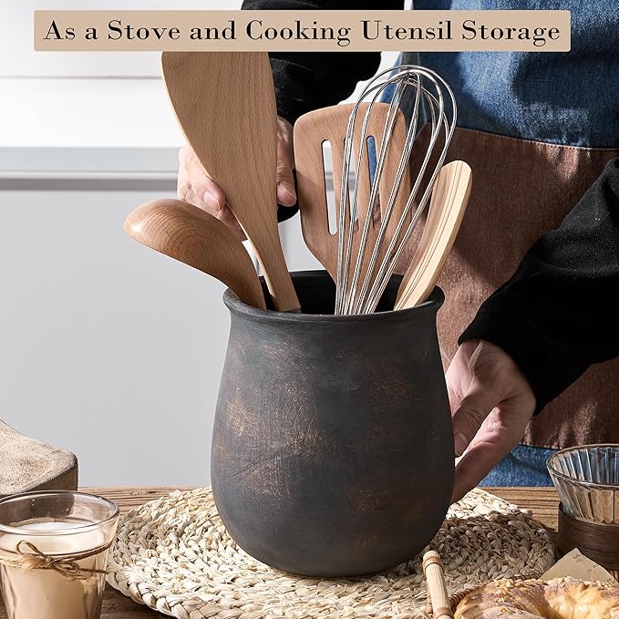 Rustic Utensil Holder for Kitchen Counter, Modern Farmhouse Cooking Utensil Holder and Crock Home Kitchen Decor, Vintage Ceramic Utensil Organizer for Spatula, Ladle, Eggbeater, Rolling Pin