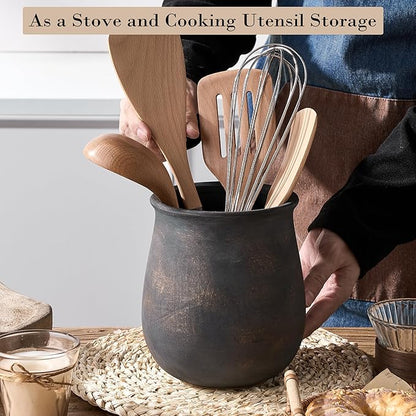 Rustic Utensil Holder for Kitchen Counter, Modern Farmhouse Cooking Utensil Holder and Crock Home Kitchen Decor, Vintage Ceramic Utensil Organizer for Spatula, Ladle, Eggbeater, Rolling Pin