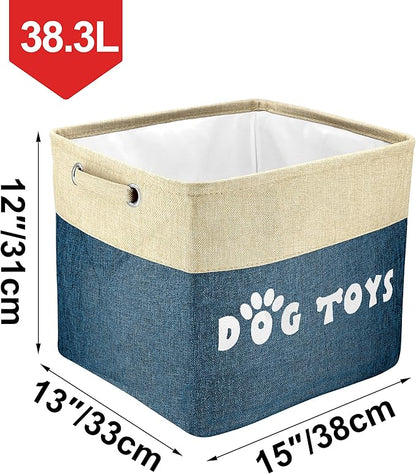 PET ARTIST Dog Toy Basket, Collapsible Dog Toy Bin Box with Comfortable Handles, Large Pet Toy Storage Basket Organizer for Accessories, Toys,Coat & Clothing,Blanket Leash (Navy Blue, L:15"x13"x12")
