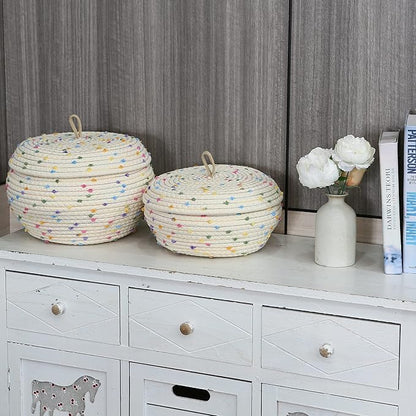 Sea Team Round Cotton Rope Storage Basket with Lid, Colorful Rainbow Pompom Woven Storage Bin, Pot, Caddy, Organizer, Container for Snacks, Towels, Plants, 10 x 7.5 Inches (Small, Rainbow)