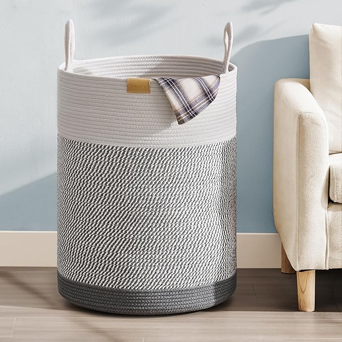 Nunsino Laundry Hamper 95L,Large Laundry Basket for Clothes,Decorative Storage Basket for Blankets,Cotton Rope Woven basket for bedroom,Grey White