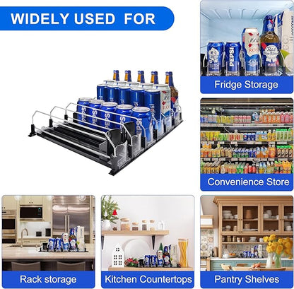 Drink Organizer for Fridge, Automatic Pusher Glide Soda Can Dispenser for Refrigerator, Width Adjustable Fridge Can Organizer for Fridge, Pantry, Kitchen, Vending Machine- Black, 6 Rows, 15.1"D