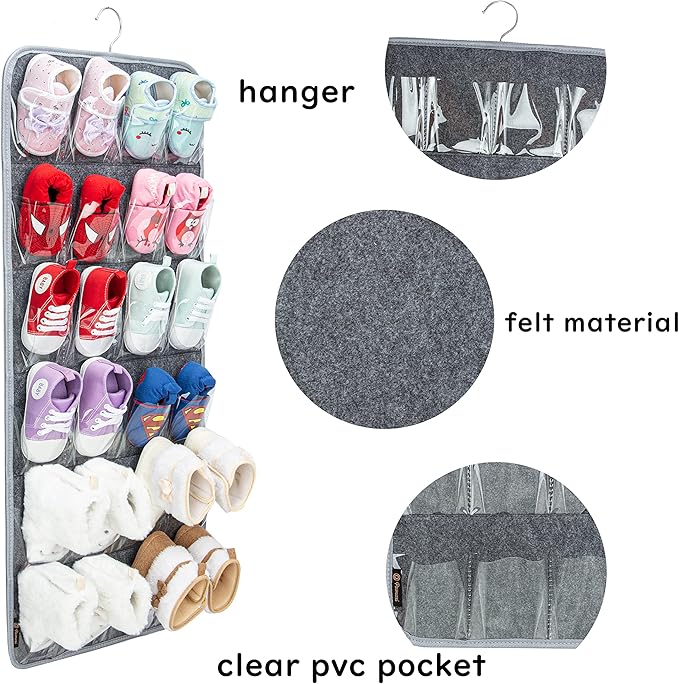 PACMAXI Over The Door Shoes Organizer for 12 Pairs of Baby Shoes Boys Girl, Hanging Baby Sole Shoe Organizer with Hanger(Felt Material-Grey)