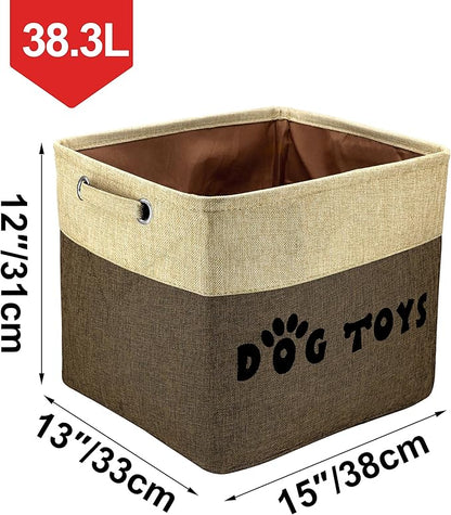 PET ARTIST Dog Toy Basket, Collapsible Dog Toy Bin Box with Comfortable Handles, Large Pet Toy Storage Basket Organizer for Accessories, Toys,Coat & Clothing,Blanket Leash (Brown, L:15"x13"x12")