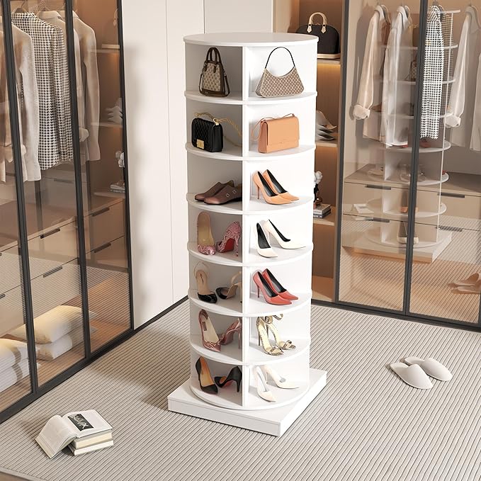7-Tier Rotating Shoe Rack Tower, 360 Spinning Shoe Rack, Modern Free Standing Spinning Shoe Organizer, Rotating Lazy Susan Shoe Racks for Entryway Doorway, Holds Up to 28 Pairs of Shoes(White)