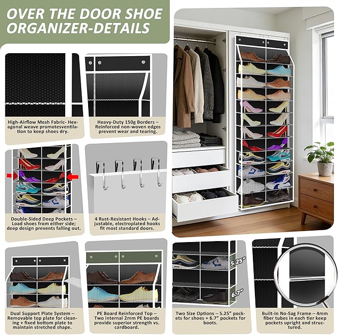 Kotkn 24-Pair Over Door Shoe Organizer for Family & Kids, Double Sided | Hanging Storage for Sneakers, Boots, Toys & Room Organization-Obsidian Black
