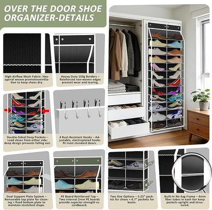 Kotkn 24-Pair Over Door Shoe Organizer for Family & Kids, Double Sided | Hanging Storage for Sneakers, Boots, Toys & Room Organization-Obsidian Black