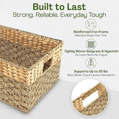 Medium Wicker Storage Baskets with Handles, Natural Seagrass and Hyacinth Woven Storage Basket for Organizing Shelves, Bedroom, Pantry, Rectangular, 15.5 x 9.5 x 6.5 Inches