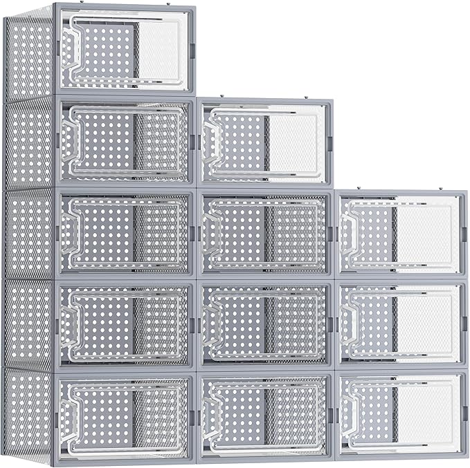 HOMIDEC Shoe Storage, 12 Pack Shoe Organizer for Closet, Shoe Boxes Clear Plastic Stackable Shoe Containers with Lids for Size 10