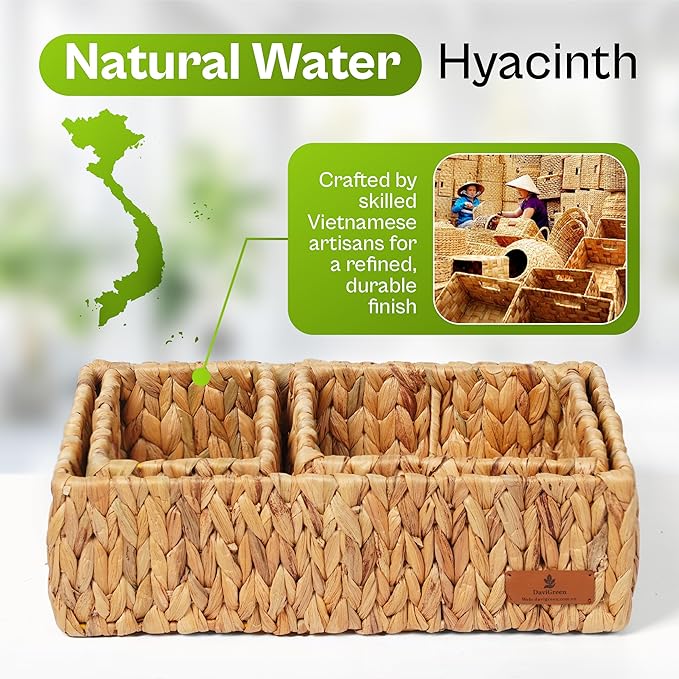 Water Hyacinth Storage Baskets Set of 3, Woven Shelf Baskets, Rectangular Open Top Wicker Pantry & Closet Organizer Bins for Bathroom, Countertop & Home Organization