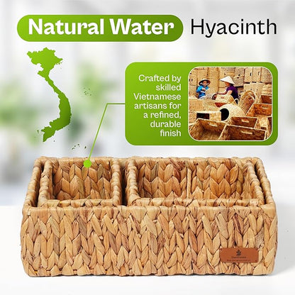 Water Hyacinth Storage Baskets Set of 3, Woven Shelf Baskets, Rectangular Open Top Wicker Pantry & Closet Organizer Bins for Bathroom, Countertop & Home Organization