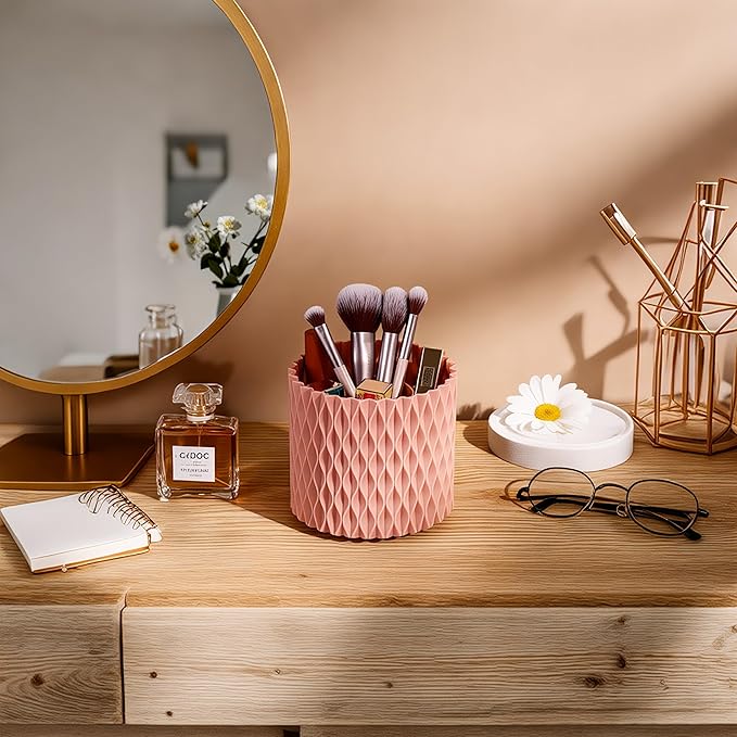 YLYZ Makeup Brush Holder with Cleaning Bowl, Makeup Brush Organizer Cosmetic Display Cases, Hair Brush Holder for Vanity, Pink