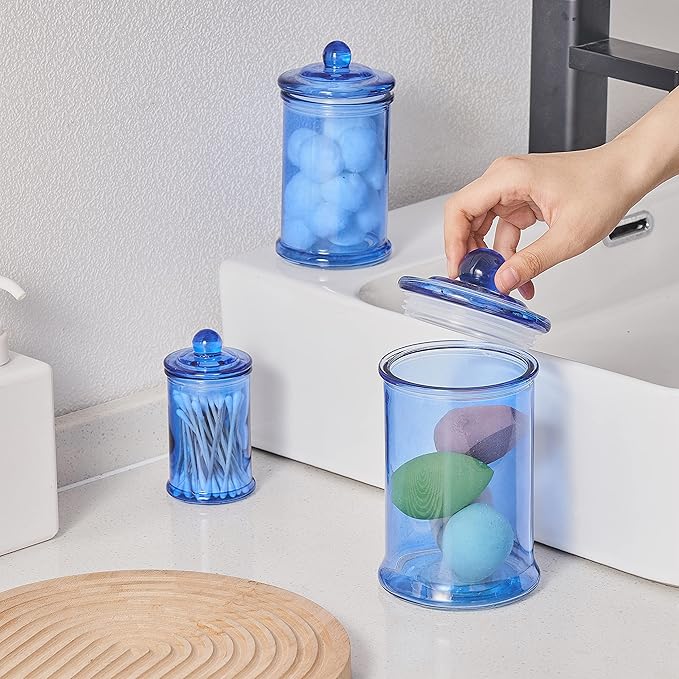 KMwares 3PCs Set Small Glass Premium Quality Apothecary Jars with lids Bathroom Accessories Set for Laundry Room Storage Kitchen/Vanity Organizer Canisters for Cotton Balls, Sponges,Q-Tips(Blue jar)
