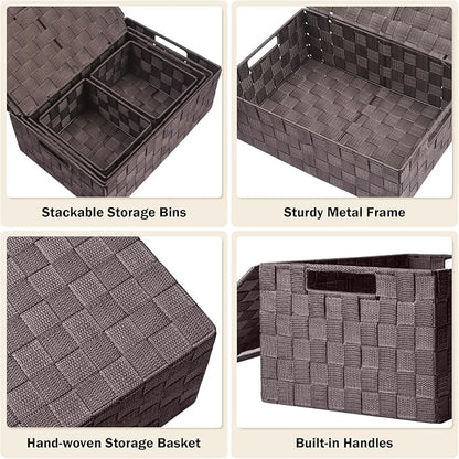 Storage Bins Baskets for Organizing with Lids, Storage Baskets for Shelves Stackable Woven Basket, Gift Small Basket Storage Cubes, Decorative Wicker Basket with Built-in Handles (5 Pack, Brown)