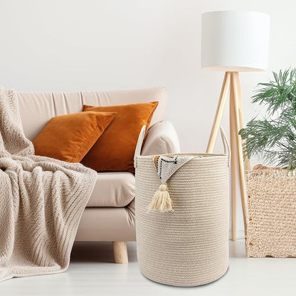 Woven Cotton Rope Laundry basket-15”X20” Laundry Hamper-Rope Storage Basket for Dirty Clothes, Toys and Blankets Perfect for Bathroom, Baby nursery and Living Room Storage (oatmeal)