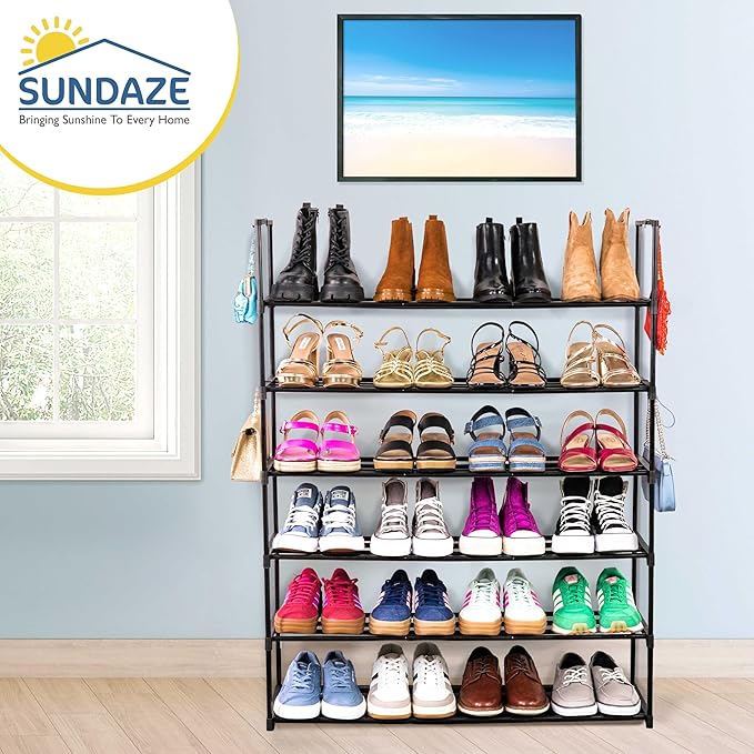 Sundaze Shoe Rack - 6 Tier Metal Shoe Rack for Front Door Entrance, Sturdy Tall Shoe Organizer for Closet, Bedroom, Entryway, Garage, Black Metal Shoe Shelf, Holds Up to 30 Pairs