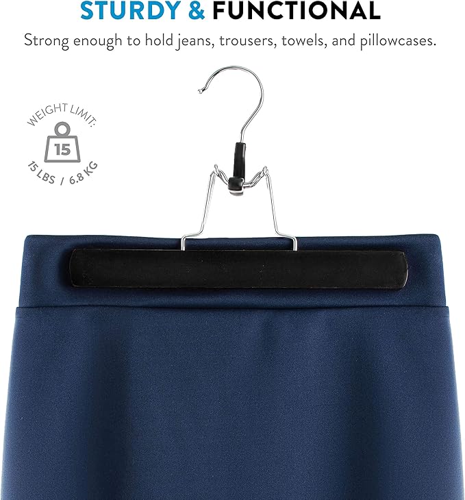 ZOBER High-Grade Wooden Non Slip Skirt Hangers with 360 Swivel Hook (Black, 10 Pack)