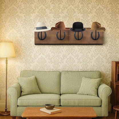 Montex Cowboy Hat Rack for Wall, Wooden Cowboy Hat Holder 4 Hats, Hanging Western Hat Rack, Hat Organizer with Horseshoe Mounts Western, Dark Brown