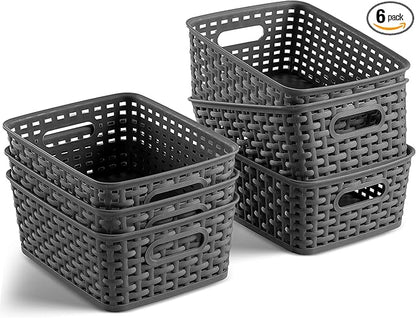 Set of 6 Plastic Storage Baskets - Small Pantry Organizer Basket Bins - Household Organizers with Cutout Handles for Kitchen Organization, Countertops, Cabinets, Bedrooms, and Bathrooms