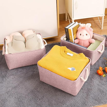 Storage Bins with Sturdy Cotton Handles(3 Pack), Fabric Storage Baskets for Organizing use for Office & Home, Book, Clothes, Toys, Closet Boxes (Small, Pink, 12.2x8.3x6.3 inches)