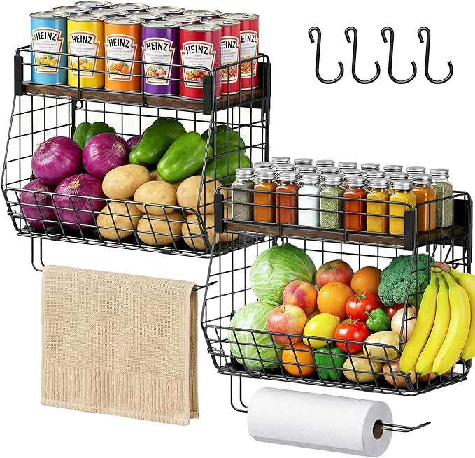 2 Pack Magnetic Spice Rack for Fridge with Paper Towel Holder, Fruit Basket with 4 Hooks for Kitchen Storage and Organizer, Full‑Enclosed Magnetic Shelf 33 lbs for Laundry, Pantry, Coffee Bar and RV