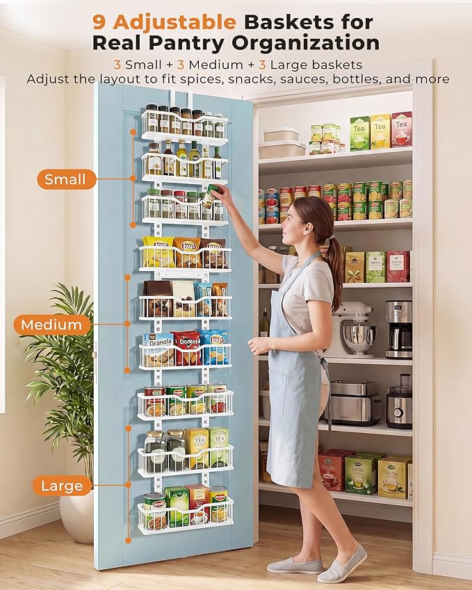 EVERIE Over the Door Pantry Organizer, 9-Tier Heavy Duty Door Storage Rack with Solid Bottom Baskets, Stable No-Bumping Design, Adjustable Hanging Shelves for Kitchen Pantry