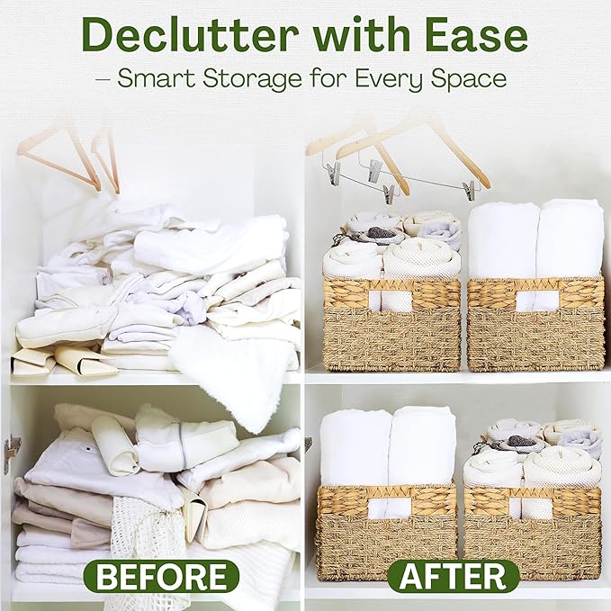Large Wicker Storage Baskets with Handles, Natural Seagrass and Hyacinth Woven Storage Basket for Organizing Shelves, Closet, Pantry, Living Room, 17 x 11 x 7.5 Inches