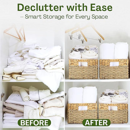 Large Wicker Storage Baskets with Handles, Natural Seagrass and Hyacinth Woven Storage Basket for Organizing Shelves, Closet, Pantry, Living Room, 17 x 11 x 7.5 Inches