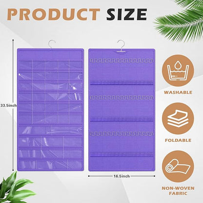 Hanging Jewelry Organizer Storage Roll, Double-Sided Necklaces Holder, 42 Pockets Plus 36 hooks Earrings Organizer Hang in Closet, On Wall, or Doors, Purple