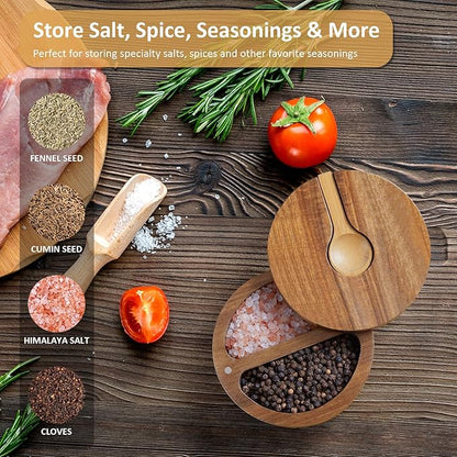 OUTNILI 2-Compartment Acacia Salt Box with Lid and Spoon, Salt Cellar with Swivel Lid, Salt Container Holder for Sea Salt Herbs or Favorite Seasonings, Dual 6 oz Salt Bowl