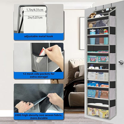 over the door organizer, Solid Bamboo Board (Not Plastic!) 6-Tier Heavy Duty 75LB, 12 Side Pockets, 3 Reinforced Hooks & Anti-Slip Pads, Waterproof & Washable, No Sagging, No Door Damage,Matte Black