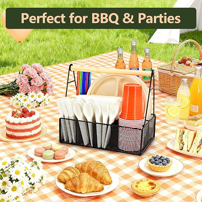Wood Handle Silverware Caddy for Party – Paper Plate Organizer for Countertop – 7 Compartment Utensil Holder for Plates, Cups, Napkins, and Cutlery – Picnic, Camping, or Kitchen Buffet