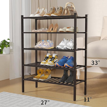 ROMGUAR CRAFT 5 Tier Bamboo Shoe Rack for Closet Free Standing Wood Shoe Shelf for Entryway Small Space Stackable 27"x11"x33" (Brown)