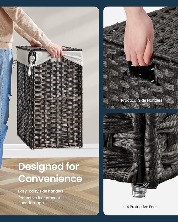 SONGMICS HOME Laundry Hamper with Lid, Clothes Basket with Removable Liner and Handles, 23.8 Gallon, Foldable Narrow Laundry Organizer for Bathroom, Bedroom, Dark Brown