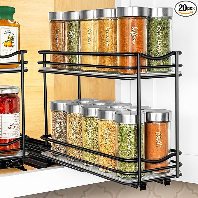 LYNK PROFESSIONAL® Pull Out Spice Organization for Cabinets - 4-3/8 inch Wide – Spice Rack for Inside Cabinets, Slide Out Spice Rack Organizer for cabinet – Pull Out Spice Rack, Sliding 2 Tier Black