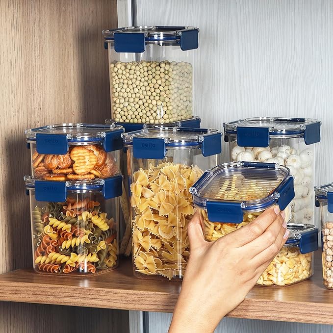 CELLO Stack Lock 9 Pack Airtight Fridge Storage Containers BPA Free for Dry Food, Legumes, Spices (900ml, 450ml + 1300ml) x 3 each, Blue