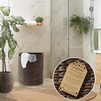 Casafield Half Moon Laundry Hamper with Lid and Removable Liner Bag - Espresso Dark Brown, Woven Water Hyacinth Laundry Basket for Clothes and Towels