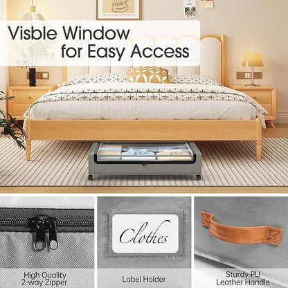 Yecaye Under Bed Storage with Wheels, 2 Pack Under Bed Storage Containers, Large Under Bed Rolling Storage with Clear Window & Label, Bedroom Storage Organizer for Clothes, Shoes, Books, Blankets