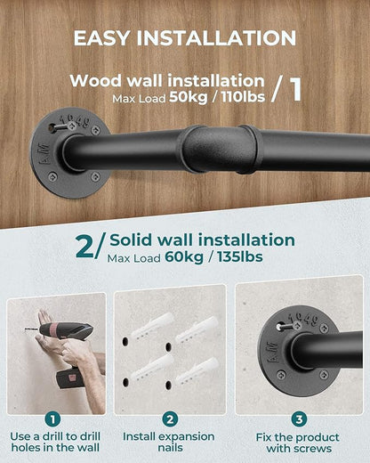 OROPY Industrial Pipe Clothes Rack Wall Mounted Set of 2, 38.4 inches Heavy Duty Iron Pipe Clothing Garment Rail, Multi-Purpose Clothing Hanging Rod for Laundry Room and Closet Storage